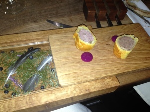 Grouse sausage roll, red cabbage ketchup