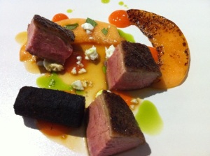 Barbecued duck, roasted and raw melon, feta, roasted carrot rolled on ash (smoked burnt leeks)